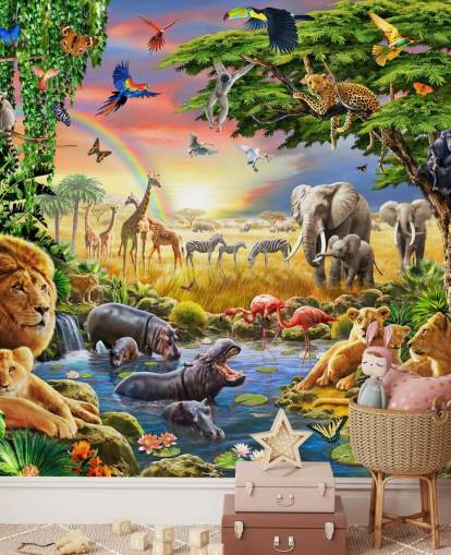 papier peint animalier coloré personnalisable appelé Waterhole par Adrian Chesterman pour la chambre d'enfant papier peint animalier coloré personnalisable appelé Waterhole par Adrian Chesterman pour la chambre d'enfant