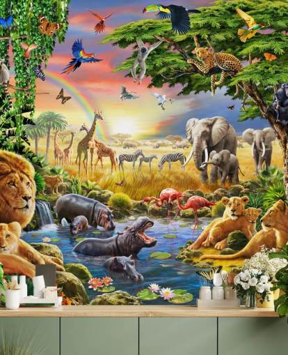colorido mural de papel pintado de animales personalizable llamado Waterhole de Adrian Chesterman para dormitorio infantil colorido mural de papel pintado de animales personalizable llamado Waterhole de Adrian Chesterman para dormitorio infantil
