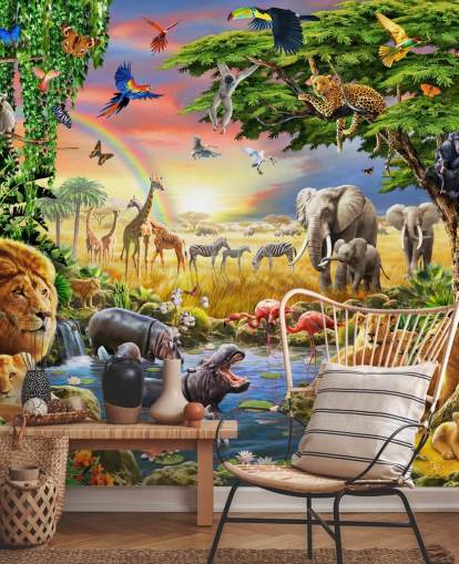 mural colorido de papel de parede de animais personalizável chamado Waterhole de Adrian Chesterman para quarto de criança mural colorido de papel de parede de animais personalizável chamado Waterhole de Adrian Chesterman para quarto de criança