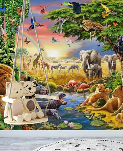 kleurrijke aanpasbare dierenbehangmuurschildering genaamd Waterhole van Adrian Chesterman voor de kinderkamer kleurrijke aanpasbare dierenbehangmuurschildering genaamd Waterhole van Adrian Chesterman voor de kinderkamer