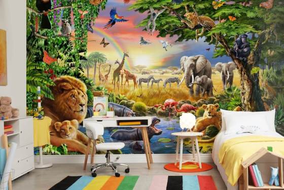 Buntes personalisierbares Tapetenbild mit Tiermotiv namens Waterhole von Adrian Chesterman für das Kinderzimmer