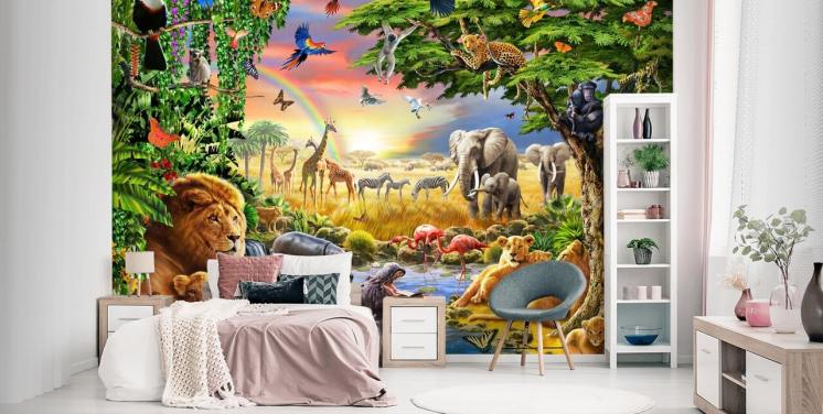 kleurrijke aanpasbare dierenbehangmuurschildering genaamd Waterhole van Adrian Chesterman voor de kinderkamer