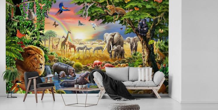 kleurrijke aanpasbare dierenbehangmuurschildering genaamd Waterhole van Adrian Chesterman voor de kinderkamer