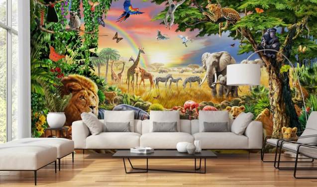 colourful customisable animal wallpaper mural called Waterhole by Adrian Chesterman for child's bedroom