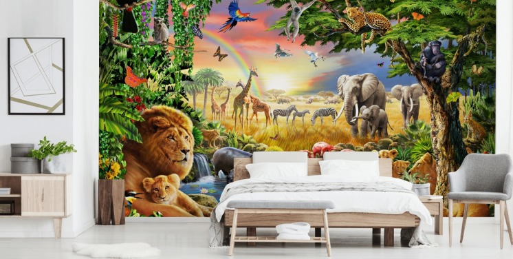 Buntes personalisierbares Tapetenbild mit Tiermotiv namens Waterhole von Adrian Chesterman für das Kinderzimmer