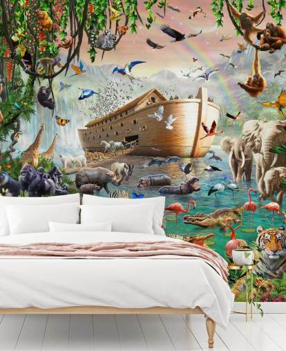 kleurrijke op maat gemaakte dierenbehangmuurschildering genaamd Noah's Ark Jumbo van Adrian Chesterman voor kinderkamers kleurrijke op maat gemaakte dierenbehangmuurschildering genaamd Noah's Ark Jumbo van Adrian Chesterman voor kinderkamers