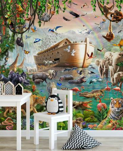 kleurrijke op maat gemaakte dierenbehangmuurschildering genaamd Noah's Ark Jumbo van Adrian Chesterman voor kinderkamers kleurrijke op maat gemaakte dierenbehangmuurschildering genaamd Noah's Ark Jumbo van Adrian Chesterman voor kinderkamers