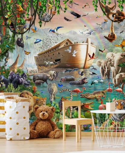 farbenfrohe individuelle Tiertapete namens Noah's Ark Jumbo von Adrian Chesterman für Kinderzimmer farbenfrohe individuelle Tiertapete namens Noah's Ark Jumbo von Adrian Chesterman für Kinderzimmer
