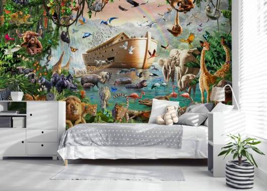 colourful custom animal wallpaper mural called Noah’s Ark Jumbo by Adrian Chesterman for children's bedrooms