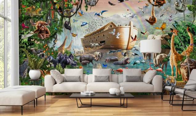 färgglad anpassad djurtapet väggmålning som heter Noah's Ark Jumbo av Adrian Chesterman för barnens sovrum