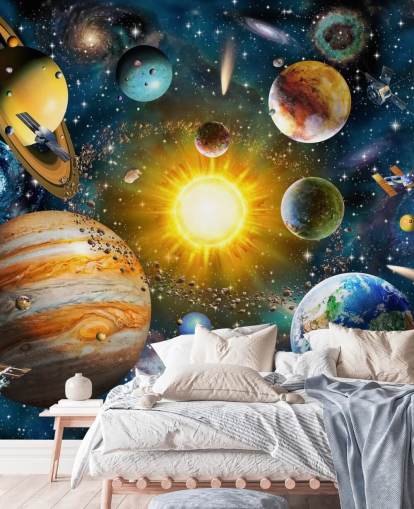 papel de parede colorido de planetas personalizado chamado Our Solar System, de Adrian Chesterman, para quartos infantis papel de parede colorido de planetas personalizado chamado Our Solar System, de Adrian Chesterman, para quartos infantis
