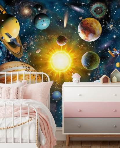 colourful custom planet wallpaper called Our Solar System by Adrian Chesterman for children's bedrooms colourful custom planet wallpaper called Our Solar System by Adrian Chesterman for children's bedrooms