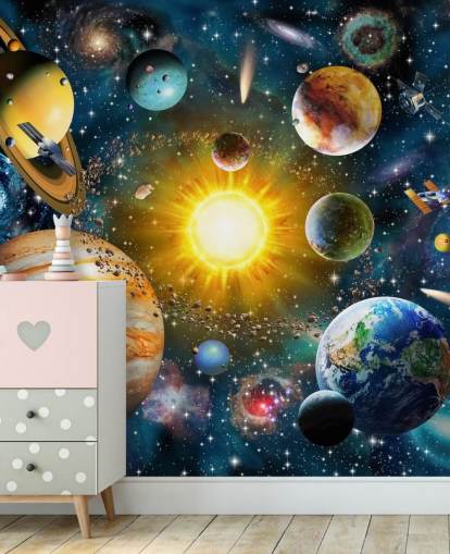 Adrian Chestermanin värikäs mukautettu planeetta-taustakuva nimeltä Our Solar System lasten makuuhuoneisiin Adrian Chestermanin värikäs mukautettu planeetta-taustakuva nimeltä Our Solar System lasten makuuhuoneisiin