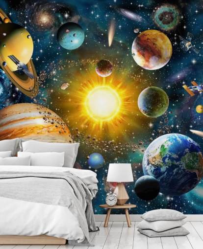 farbenfrohe benutzerdefinierte Planetentapete namens Our Solar System von Adrian Chesterman für Kinderzimmer farbenfrohe benutzerdefinierte Planetentapete namens Our Solar System von Adrian Chesterman für Kinderzimmer