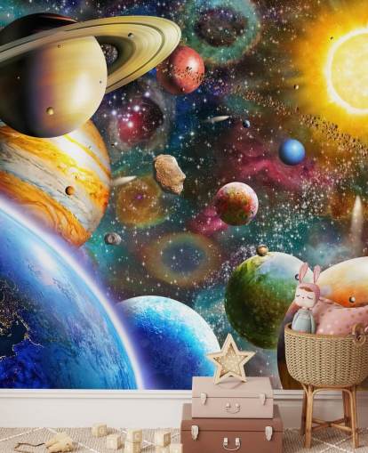 Adrian Chestermanin monivärinen mukautettu planeetta-taustakuvamaalaus nimeltä Planets in Space lasten makuuhuoneisiin Adrian Chestermanin monivärinen mukautettu planeetta-taustakuvamaalaus nimeltä Planets in Space lasten makuuhuoneisiin