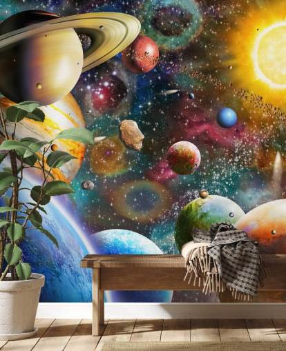 multicoloured custom planet wallpaper mural called Planets in Space by Adrian Chesterman for kids bedrooms multicoloured custom planet wallpaper mural called Planets in Space by Adrian Chesterman for kids bedrooms