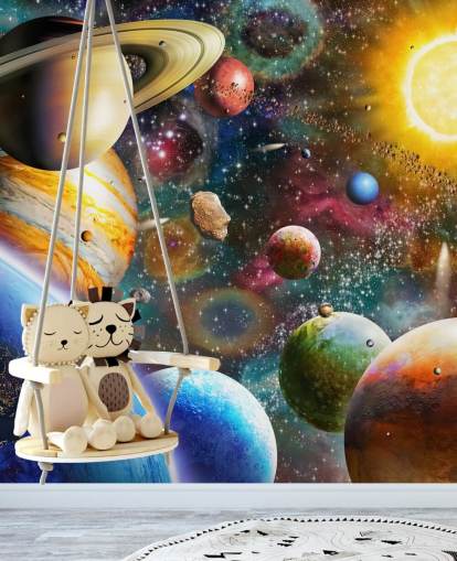 carta da parati murale personalizzata multicolore chiamata Planets in Space di Adrian Chesterman per camerette per bambini carta da parati murale personalizzata multicolore chiamata Planets in Space di Adrian Chesterman per camerette per bambini