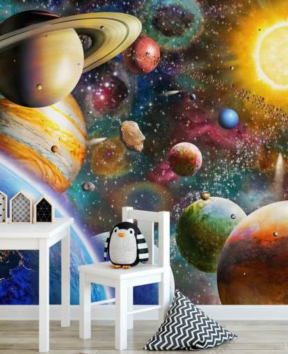 Mehrfarbiges individuelles Planetentapetenwandbild namens Planets in Space von Adrian Chesterman für Kinderzimmer Mehrfarbiges individuelles Planetentapetenwandbild namens Planets in Space von Adrian Chesterman für Kinderzimmer