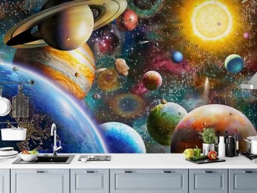 multicoloured custom planet wallpaper mural called Planets in Space by Adrian Chesterman for kids bedrooms