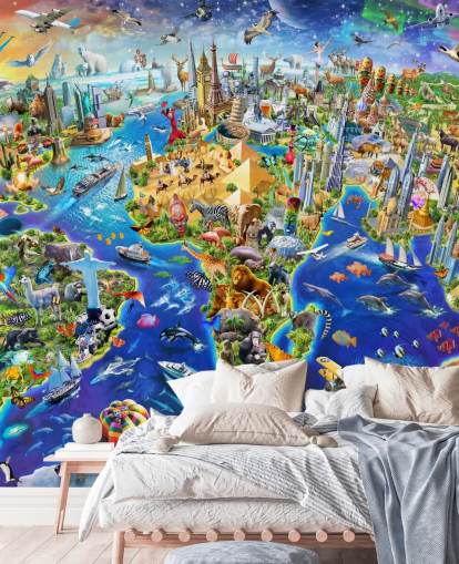 färgglad anpassad barnkarta tapetväggmålning kallad Crazy World av Adrian Chesterman för barns sovrum, lekrum och skolor färgglad anpassad barnkarta tapetväggmålning kallad Crazy World av Adrian Chesterman för barns sovrum, lekrum och skolor