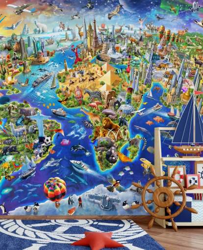 colourful custom kids map wallpaper mural called Crazy World by Adrian Chesterman for kid's bedrooms, playrooms and schools colourful custom kids map wallpaper mural called Crazy World by Adrian Chesterman for kid's bedrooms, playrooms and schools