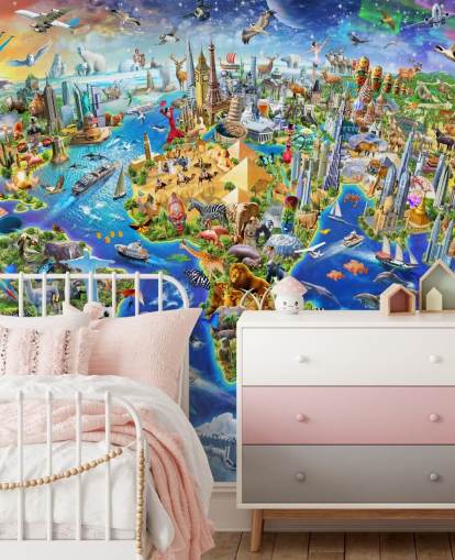 papier peint mural coloré personnalisé pour enfants appelé Crazy World par Adrian Chesterman pour les chambres d'enfants, les salles de jeux et les écoles papier peint mural coloré personnalisé pour enfants appelé Crazy World par Adrian Chesterman pour les chambres d'enfants, les salles de jeux et les écoles