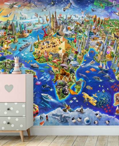 kleurrijke op maat gemaakte kinderkaart behangmuurschildering genaamd Crazy World van Adrian Chesterman voor kinderkamers, speelkamers en scholen kleurrijke op maat gemaakte kinderkaart behangmuurschildering genaamd Crazy World van Adrian Chesterman voor kinderkamers, speelkamers en scholen