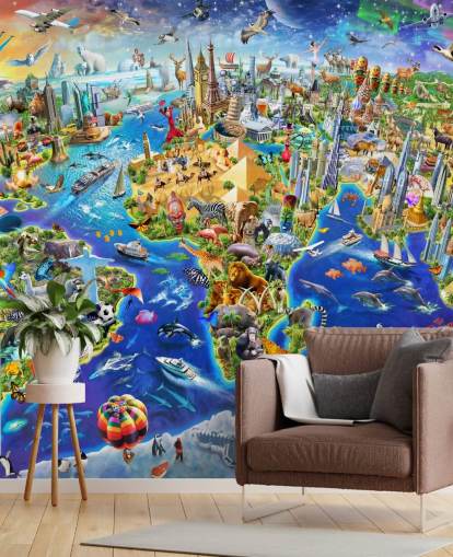 colourful custom kids map wallpaper mural called Crazy World by Adrian Chesterman for kid's bedrooms, playrooms and schools colourful custom kids map wallpaper mural called Crazy World by Adrian Chesterman for kid's bedrooms, playrooms and schools