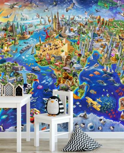 colorido mural de papel pintado con mapas infantiles personalizado llamado Crazy World de Adrian Chesterman para dormitorios de niños, salas de juegos y escuelas colorido mural de papel pintado con mapas infantiles personalizado llamado Crazy World de Adrian Chesterman para dormitorios de niños, salas de juegos y escuelas