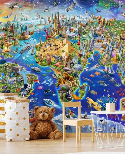 carta da parati murale colorata personalizzata per bambini chiamata Crazy World di Adrian Chesterman per camerette, sale giochi e scuole carta da parati murale colorata personalizzata per bambini chiamata Crazy World di Adrian Chesterman per camerette, sale giochi e scuole