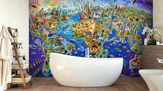 colourful custom kids map wallpaper mural called Crazy World by Adrian Chesterman for kid's bedrooms, playrooms and schools