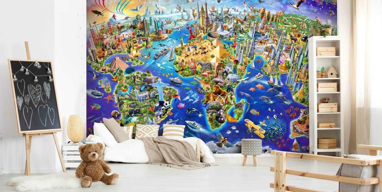 colorful custom kids map wallpaper mural called Crazy World by Adrian Chesterman for kid's bedrooms, playrooms and schools