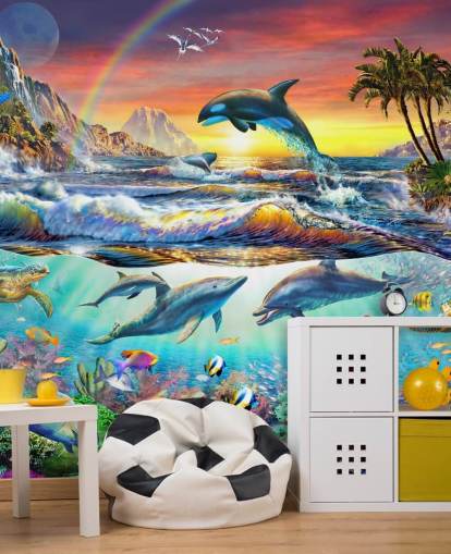 fargerikt barnetapetmaleri kalt Paradise Cove av Adrian Chesterman for barnerom og lekerom fargerikt barnetapetmaleri kalt Paradise Cove av Adrian Chesterman for barnerom og lekerom