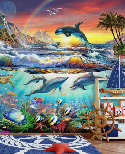 farverigt havtapet til børn kaldet Paradise Cove af Adrian Chesterman til børns soveværelser og legerum farverigt havtapet til børn kaldet Paradise Cove af Adrian Chesterman til børns soveværelser og legerum