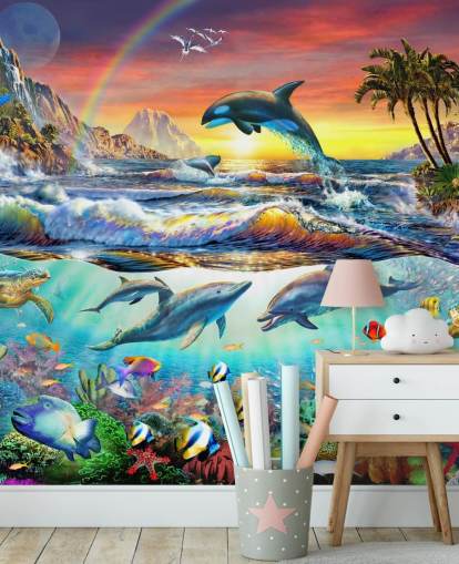 farverigt havtapet til børn kaldet Paradise Cove af Adrian Chesterman til børns soveværelser og legerum farverigt havtapet til børn kaldet Paradise Cove af Adrian Chesterman til børns soveværelser og legerum