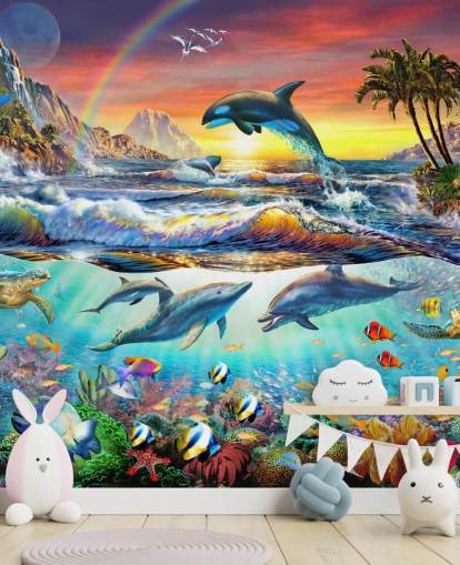 Adrian Chestermanin värikäs lasten valtameritaustakuva nimeltä Paradise Cove lasten makuuhuoneisiin ja leikkihuoneisiin Adrian Chestermanin värikäs lasten valtameritaustakuva nimeltä Paradise Cove lasten makuuhuoneisiin ja leikkihuoneisiin