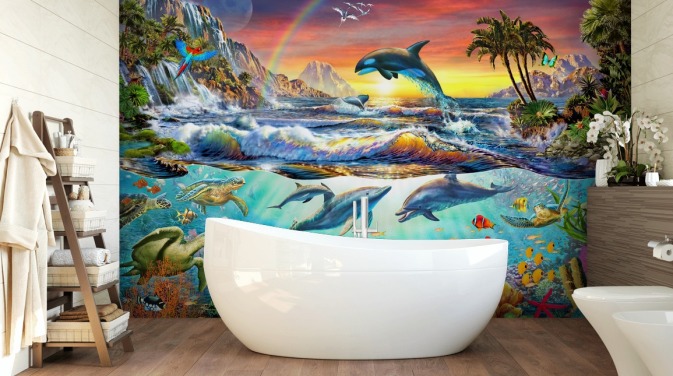 Buntes Ozean-Tapetengemälde für Kinder namens Paradise Cove von Adrian Chesterman für Kinder- und Spielzimmer