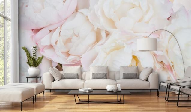 roze en witte bloemenbehangmuurschildering genaamd Peony Clouds voor slaapkamers, woonkamers en badkamers