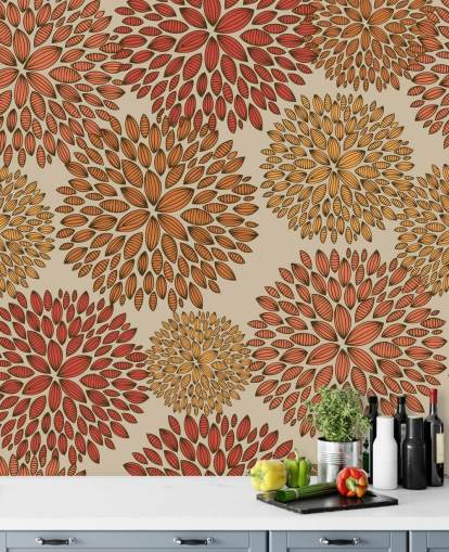 Rood en oranje getrokken paardebloemen behang Rood en oranje getrokken paardebloemen behang