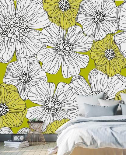 Lime groene achtergrond met witte bloemen muurschildering Lime groene achtergrond met witte bloemen muurschildering