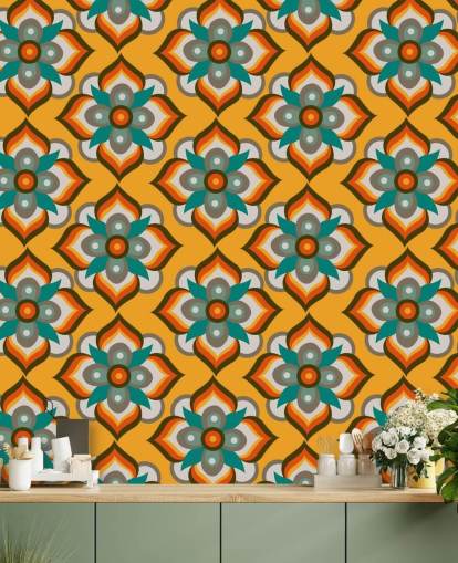 orange blommig retro tapeter orange blommig retro tapeter