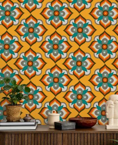 orange floral retro wallpaper orange floral retro wallpaper