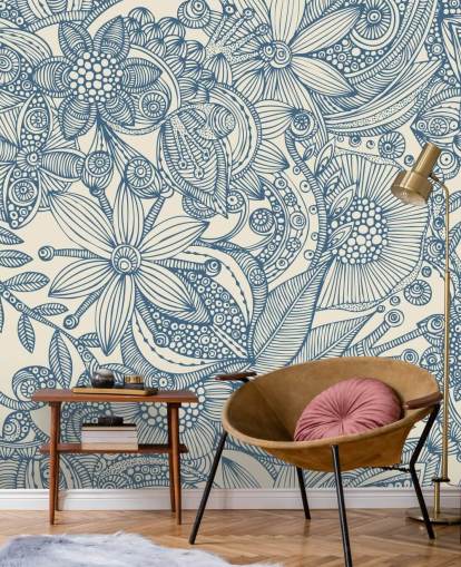 blå og hvid illustration vægmaleri kaldet Flowers and Doodles Blue til soveværelser og stuer blå og hvid illustration vægmaleri kaldet Flowers and Doodles Blue til soveværelser og stuer