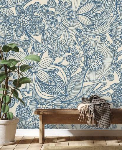 mural de parede de ilustração em azul e branco chamado Flowers and Doodles Blue para quartos e salas de estar mural de parede de ilustração em azul e branco chamado Flowers and Doodles Blue para quartos e salas de estar