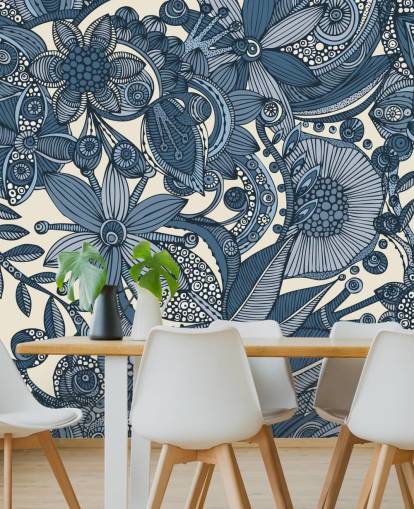 Blå och vita illustrerade blommor Wallpapera Blå och vita illustrerade blommor Wallpapera