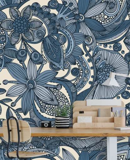 Blue and White Illustrated Flowers Wallpapera Blue and White Illustrated Flowers Wallpapera