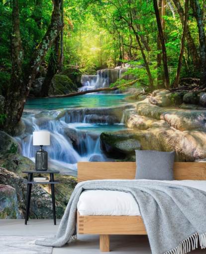 mural de papel de parede de cachoeira personalizado em azul turquesa chamado Peaceful Waterfall para banheiros e cozinhas mural de papel de parede de cachoeira personalizado em azul turquesa chamado Peaceful Waterfall para banheiros e cozinhas