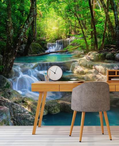 carta da parati murale personalizzata blu turchese a cascata chiamata Peaceful Waterfall per bagni e cucine carta da parati murale personalizzata blu turchese a cascata chiamata Peaceful Waterfall per bagni e cucine
