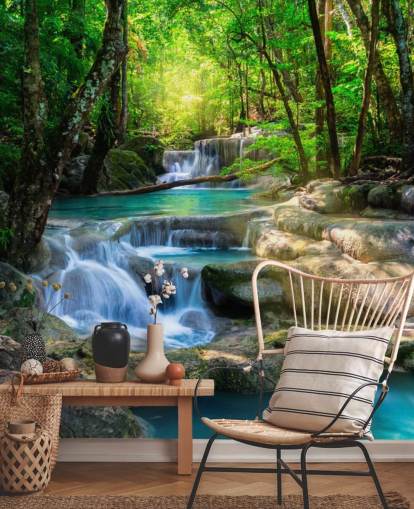 turquoise blue custom waterfall wallpaper mural called Peaceful Waterfall for bathrooms and kitchens turquoise blue custom waterfall wallpaper mural called Peaceful Waterfall for bathrooms and kitchens