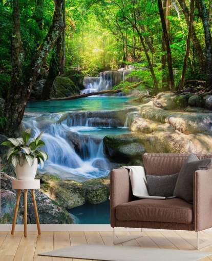 mural de papel de parede de cachoeira personalizado em azul turquesa chamado Peaceful Waterfall para banheiros e cozinhas mural de papel de parede de cachoeira personalizado em azul turquesa chamado Peaceful Waterfall para banheiros e cozinhas